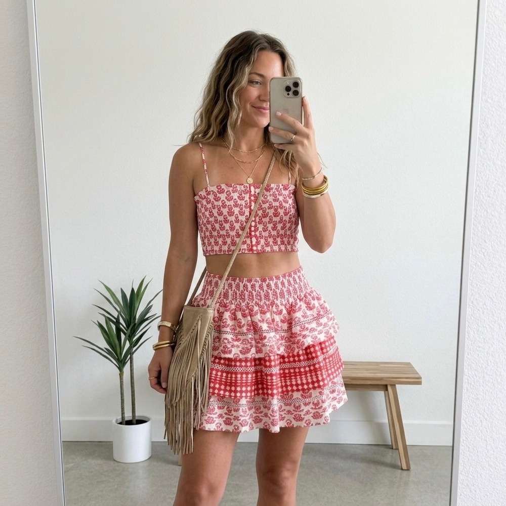 Roller Rabbit Red White Floral Smocked Crop Top and Tiered Ruffle Skirt Set S